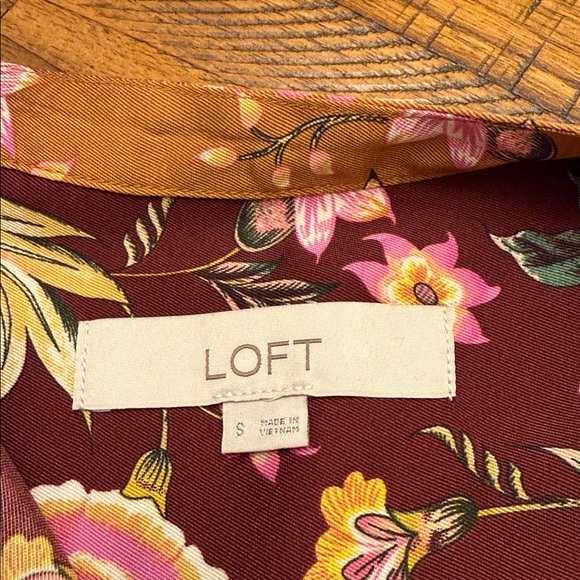 LOFT Floral Blouse Mustard Burgundy Long Sleeves Women's Small - Picture 2 of 14